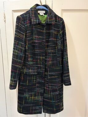 Nine West Black Wool Blend Plaid Peacoat Jacket Small Colorful Tweed Coat